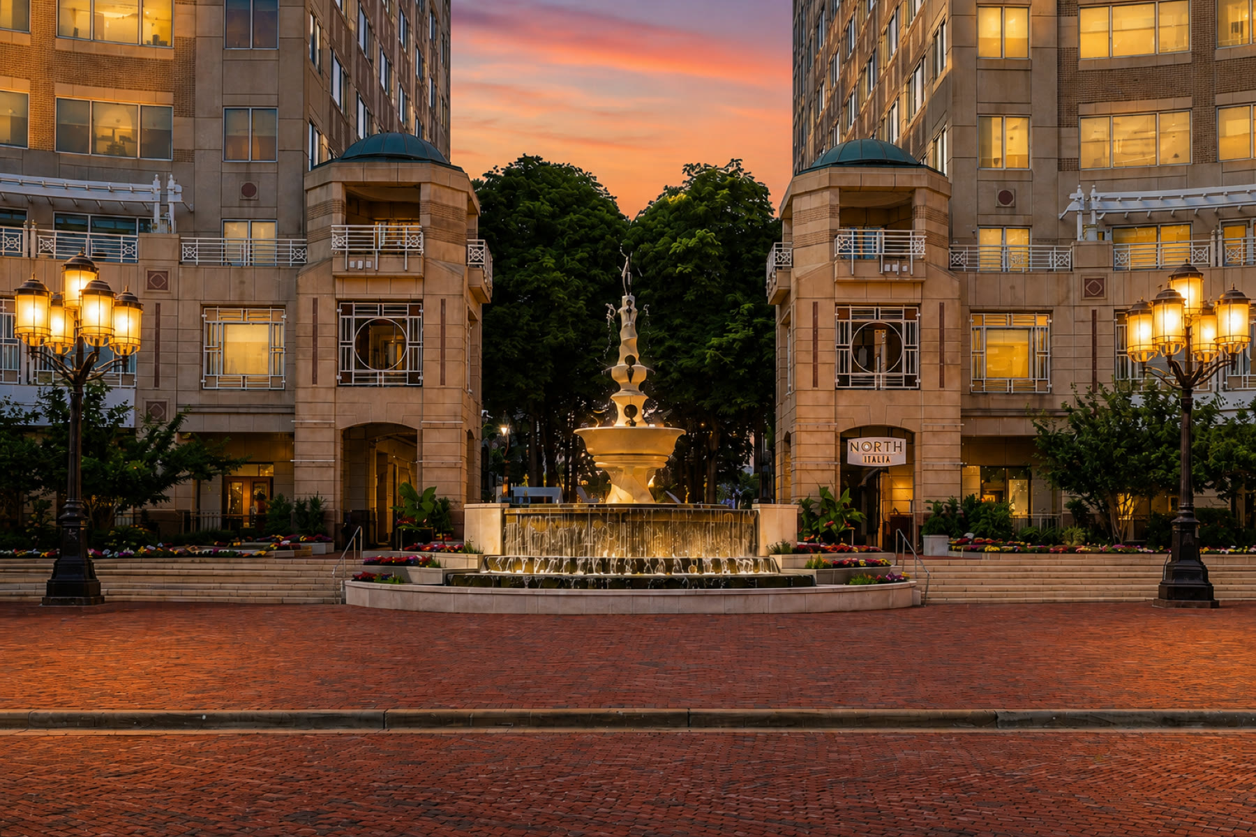 Reston Town Center fountain and plaza at dusk
