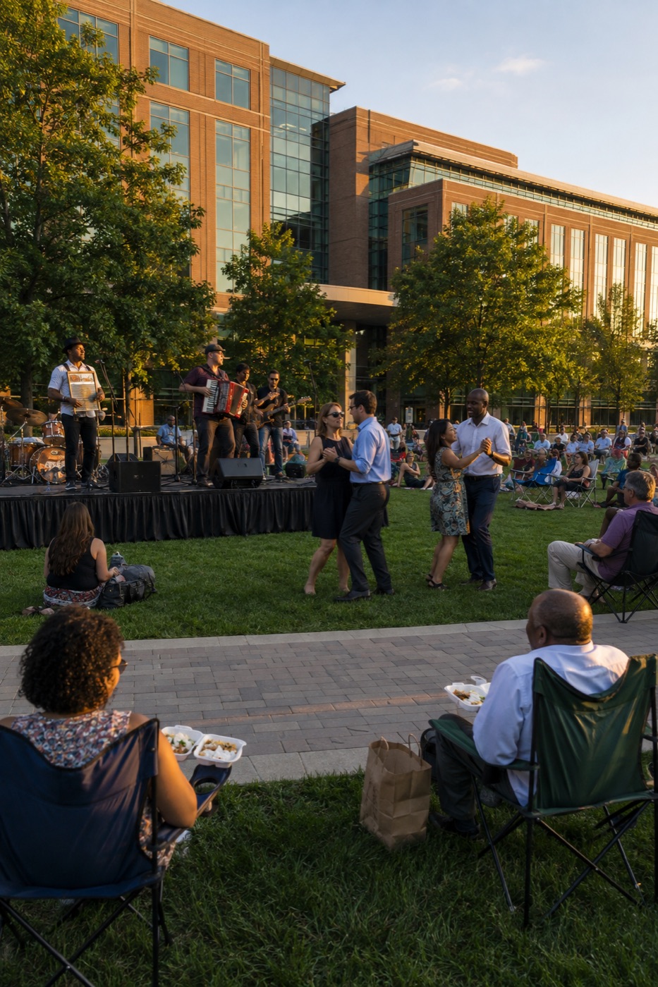 A zydeco band playing on the lawn outside the Fairfax County Government Center on a summer evening, with couples dancing on the grass