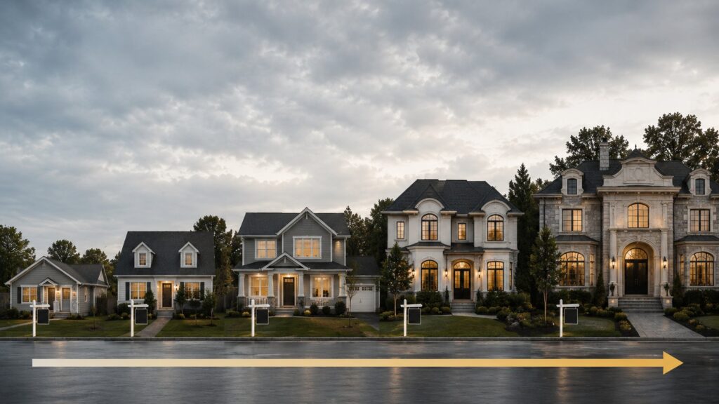 Row of Northern Virginia homes at dusk.