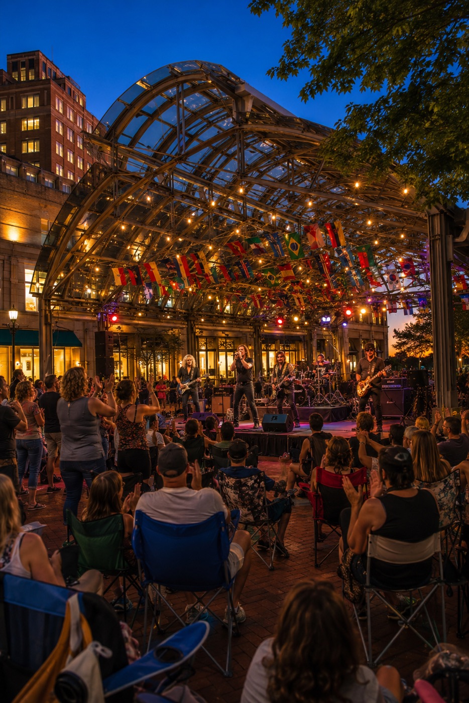 A band performing under the glass Pavilion at Reston Town Center at dusk, with a seated crowd and string lights overhead